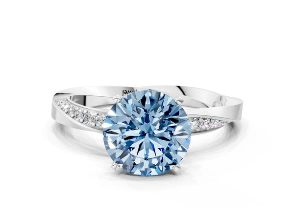 Platinum Fancy Blue Round Cut Diamond Engagement Ring with Side Stone Accents and Four-Prong Setting