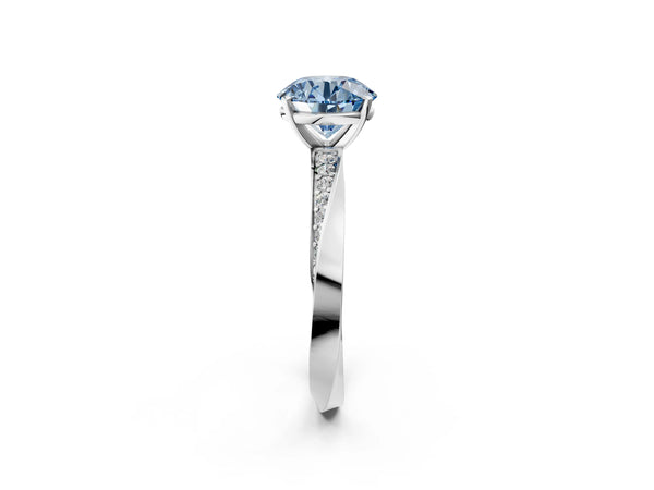 Platinum Fancy Blue Round Cut Diamond Engagement Ring with Side Stone Accents and Four-Prong Setting