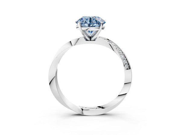 Platinum Fancy Blue Round Cut Diamond Engagement Ring with Side Stone Accents and Four-Prong Setting