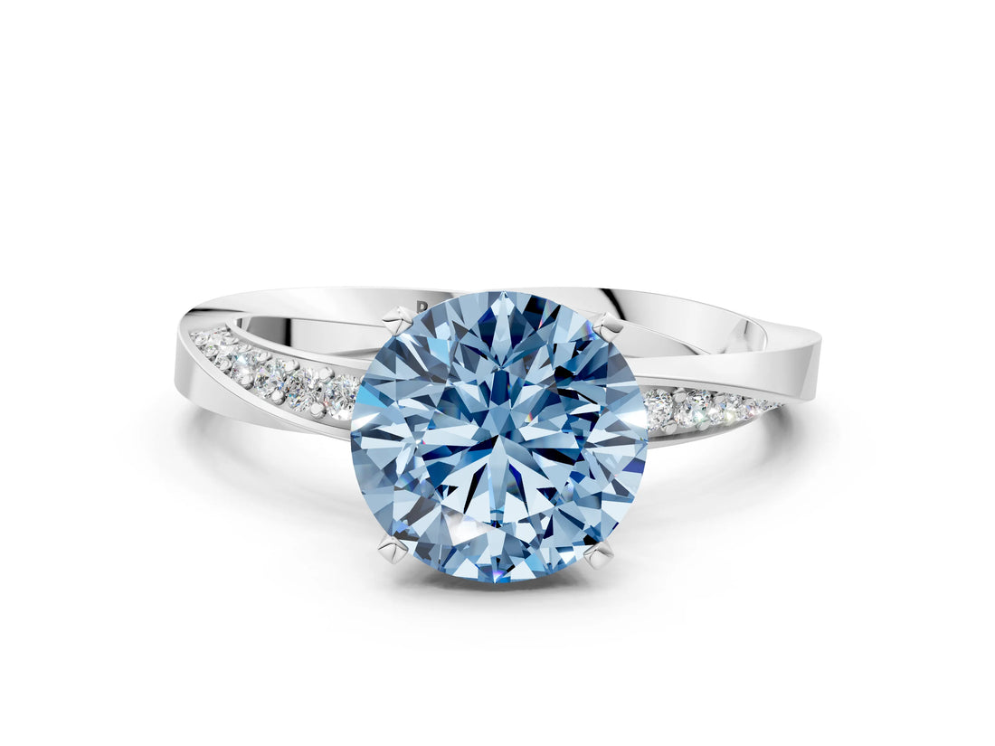 White gold Fancy Blue Round Cut Diamond Engagement Ring with Side Stone Accents and Four-Prong Setting_96