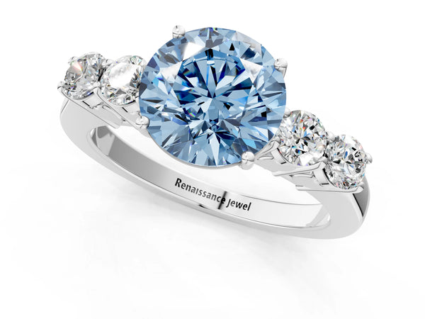 White gold Fancy Blue Round  Cut Diamond Five-Stone Prong Set White Gold Ring