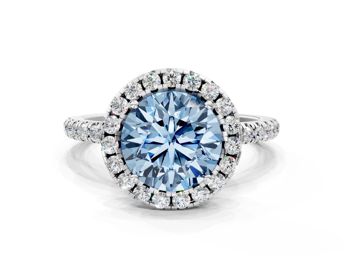 White gold Fancy Blue Round  Cut Diamond Floral Halo Engagement Ring with Pavé Band and Prong Setting_37