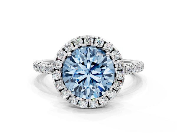 White gold Fancy Blue Round  Cut Diamond Floral Halo Engagement Ring with Pavé Band and Prong Setting