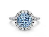 White gold Fancy Blue Round  Cut Diamond Floral Halo Engagement Ring with Pavé Band and Prong Setting_38