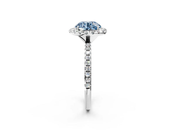 White gold Fancy Blue Round  Cut Diamond Floral Halo Engagement Ring with Pavé Band and Prong Setting