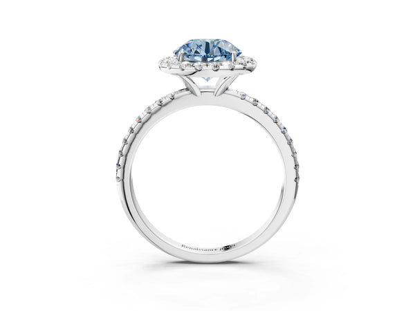 White gold Fancy Blue Round  Cut Diamond Floral Halo Engagement Ring with Pavé Band and Prong Setting