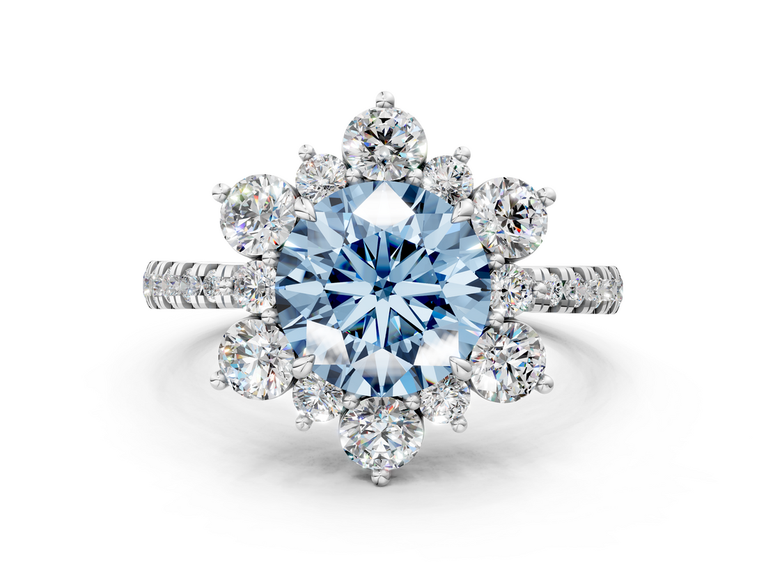 White gold Fancy Blue Round  Cut Diamond Floral Halo Pave Band with Prong Setting_37