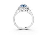 White gold Fancy Blue Round Cut Diamond Floral Halo Ring with Pavé Band and Prong Setting_10