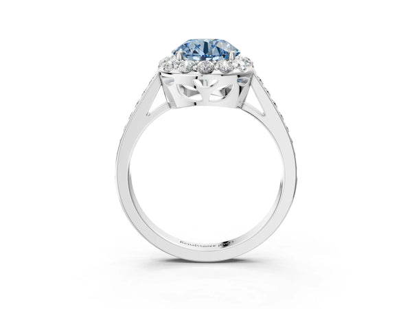 Platinum Fancy Blue Round Cut Diamond Floral Halo Ring with Pavé Band and Prong Setting