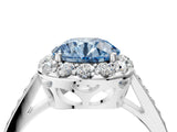 White gold Fancy Blue Round Cut Diamond Floral Halo Ring with Pavé Band and Prong Setting_11
