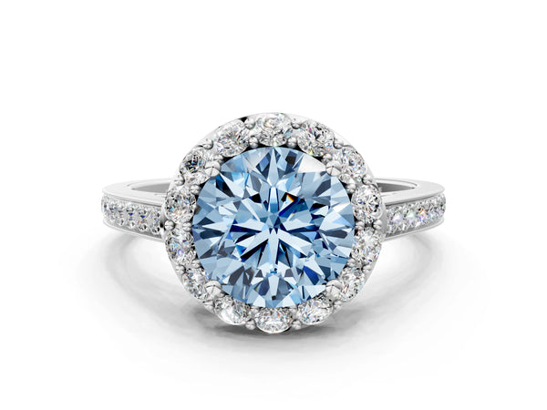 Platinum Fancy Blue Round Cut Diamond Floral Halo Ring with Pavé Band and Prong Setting