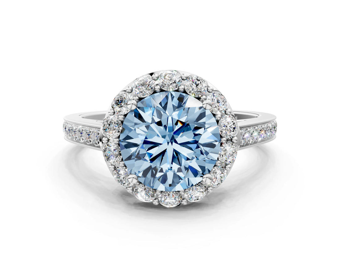 White gold Fancy Blue Round Cut Diamond Floral Halo Ring with Pavé Band and Prong Setting_7