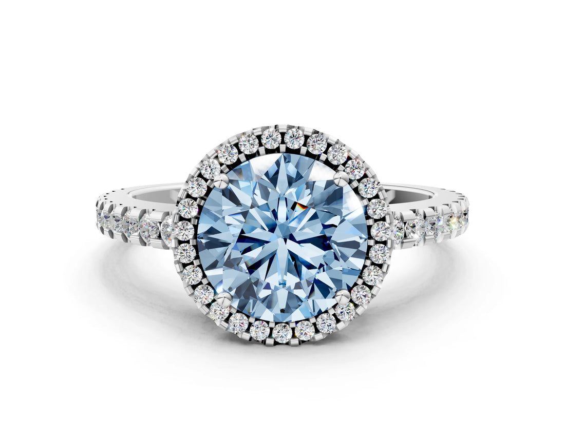 White gold Fancy Blue Round Cut Diamond Halo Engagement Ring with Pavé Band and Prong Setting_51
