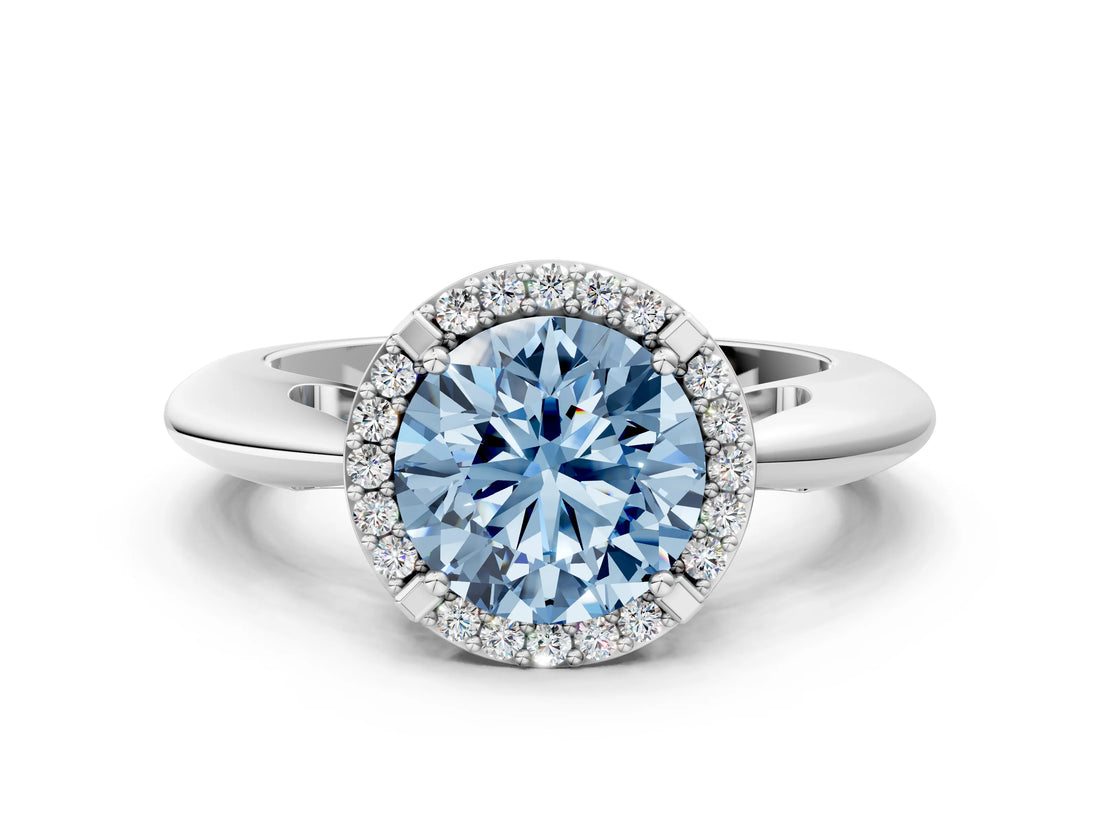 White gold Fancy Blue Round  Cut Diamond Halo Engagement Ring with Split Shank and Four-Prong Setting_107