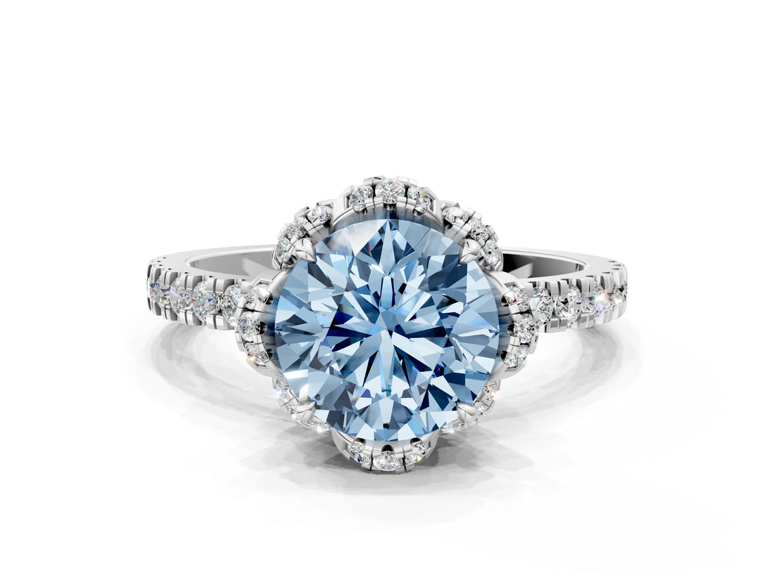 White gold Fancy Blue Round Cut Diamond Halo Pave Band with Four-Prong Setting_3
