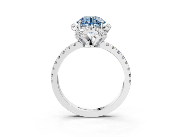 Platinum Fancy Blue Round Cut Diamond Halo Pave Band with Four-Prong Setting