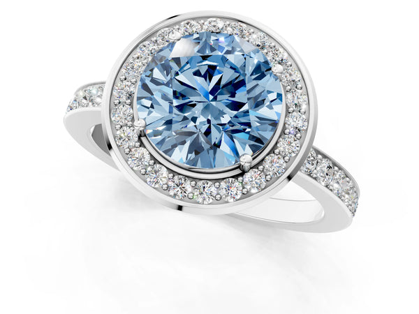 Platinum Fancy Blue Round Cut Diamond Halo Ring with Bezel Frame and Pavé Band