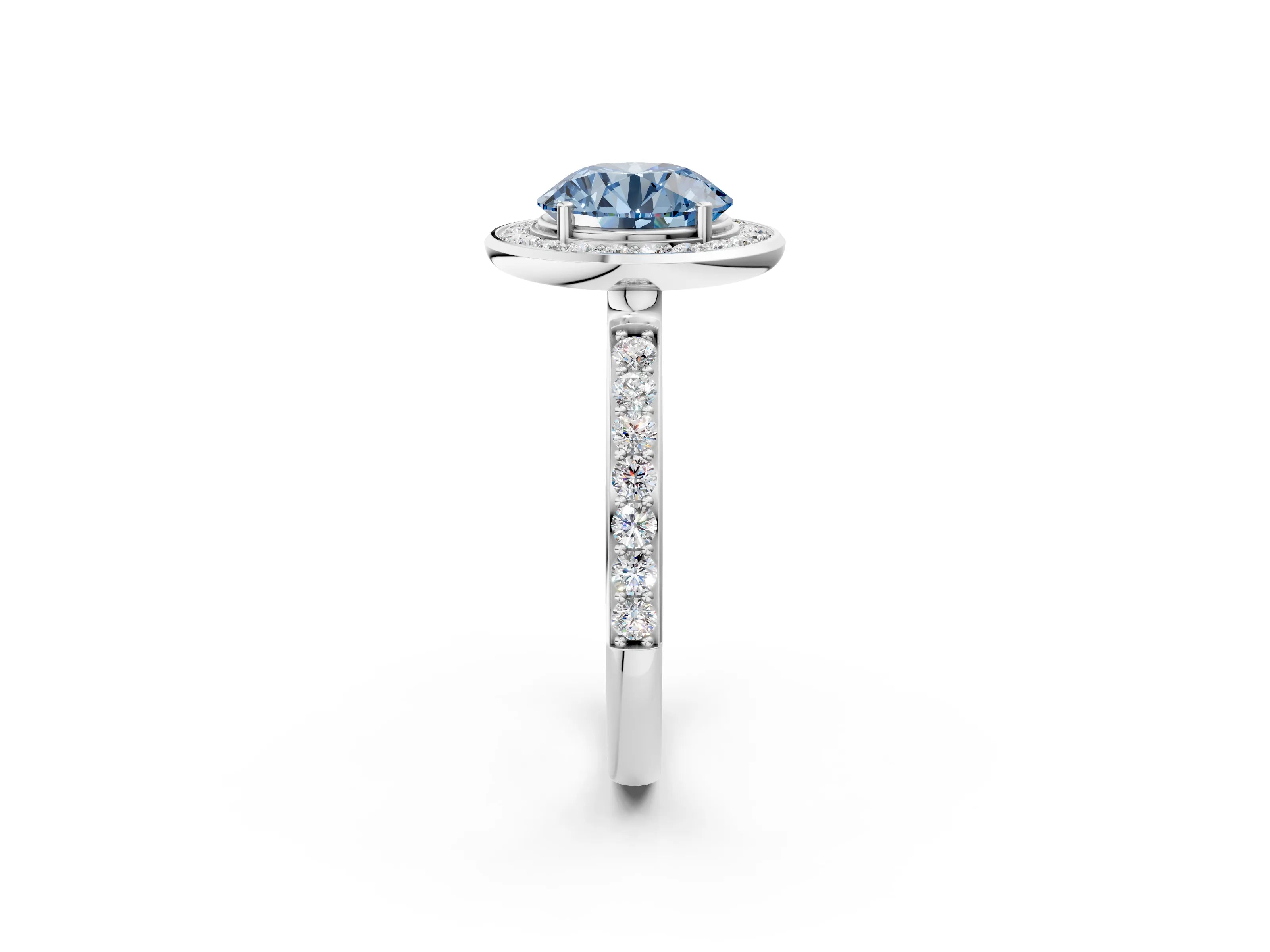 White gold Fancy Blue Round Cut Diamond Halo Ring with Bezel Frame and Pavé Band_2