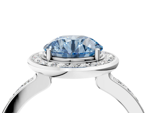 White gold Fancy Blue Round Cut Diamond Halo Ring with Bezel Frame and Pavé Band_4