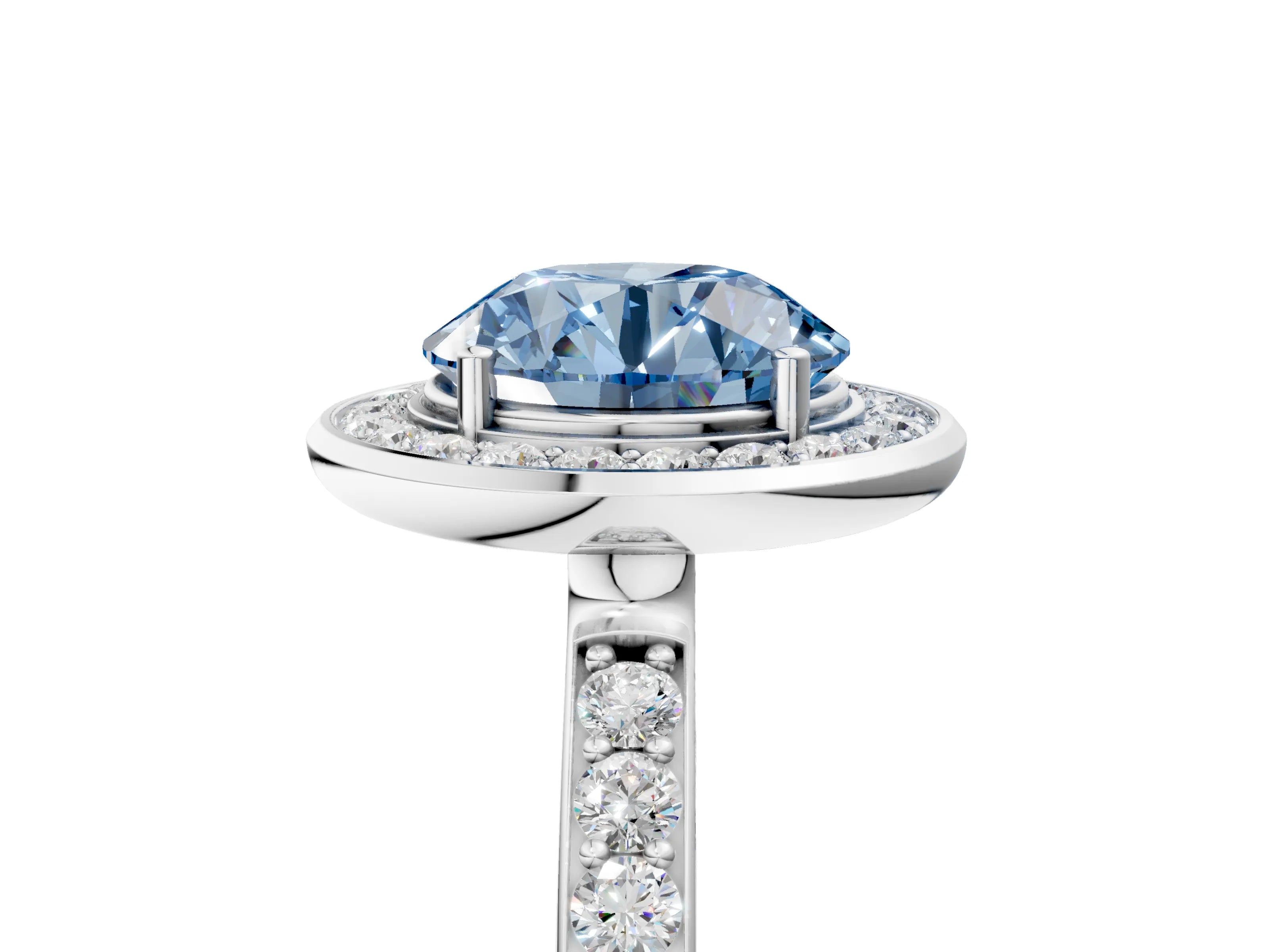 White gold Fancy Blue Round Cut Diamond Halo Ring with Bezel Frame and Pavé Band_5