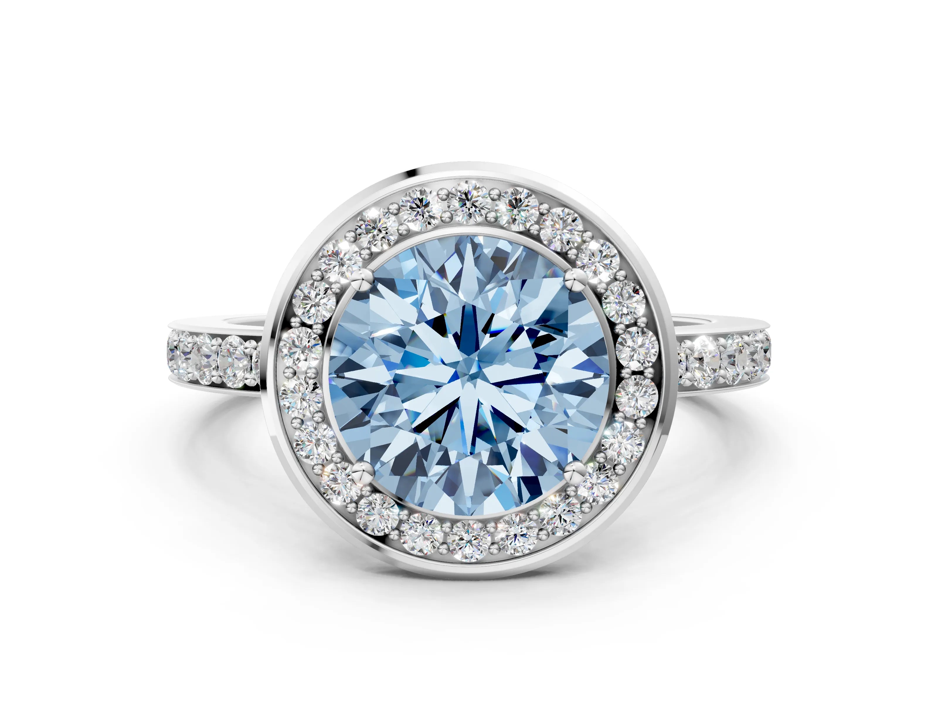 White gold Fancy Blue Round Cut Diamond Halo Ring with Bezel Frame and Pavé Band