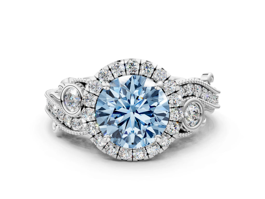White gold Fancy Blue Round Cut Diamond Halo Ring with Milgrain Pavé Band and Four-Prong Setting_66
