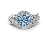 White gold Fancy Blue Round Cut Diamond Halo Ring with Milgrain Pavé Band and Four-Prong Setting_66