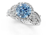 White gold Fancy Blue Round Cut Diamond Halo Ring with Milgrain Pavé Band and Four-Prong Setting_67