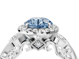 White gold Fancy Blue Round Cut Diamond Halo Ring with Milgrain Pavé Band and Four-Prong Setting_70