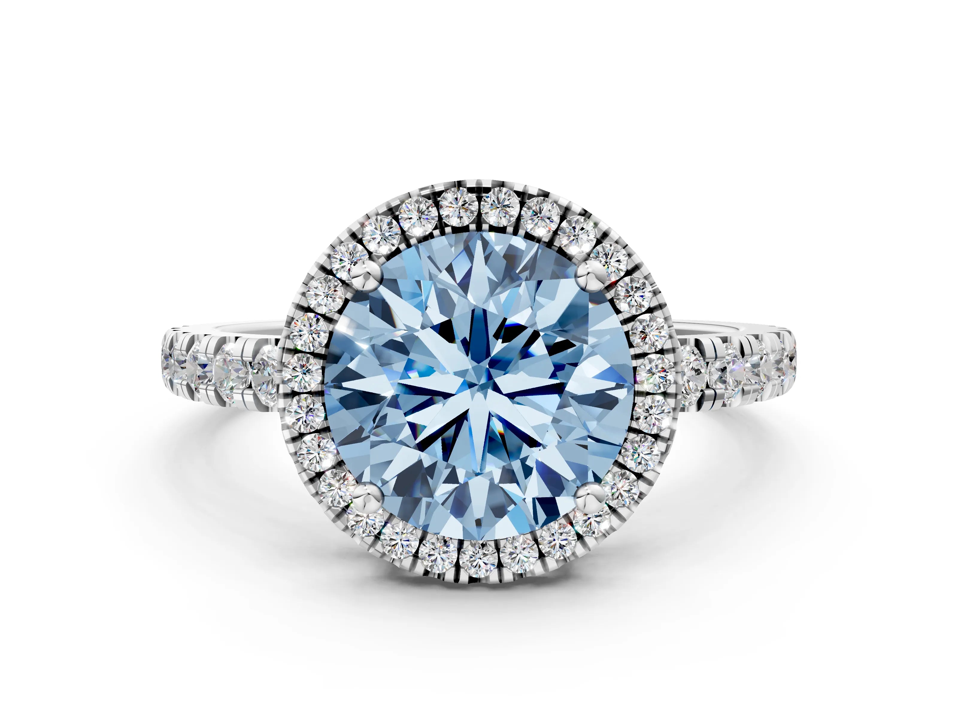 White gold Fancy Blue Round Cut Diamond Halo Ring with Pavé Band and Four-Prong Setting_12