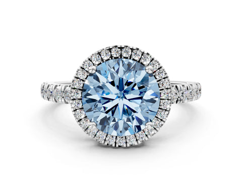 White gold Fancy Blue Round Cut Diamond Halo Ring with Pavé Band and Four-Prong Setting_12