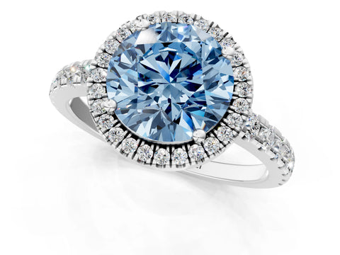 White gold Fancy Blue Round Cut Diamond Halo Ring with Pavé Band and Four-Prong Setting_13
