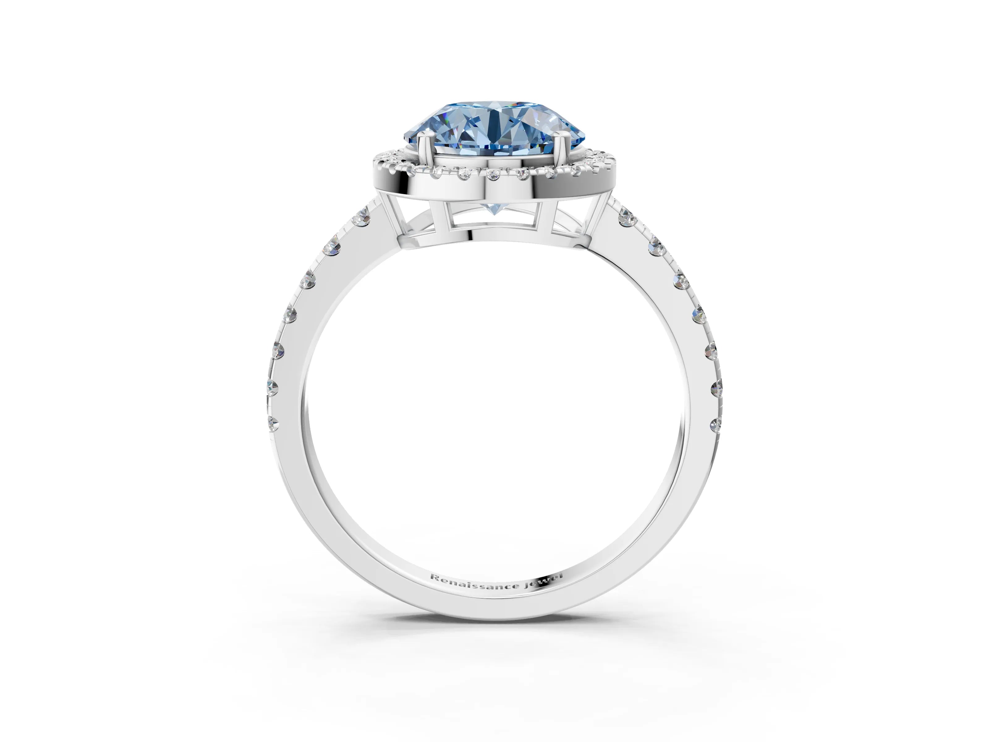 White gold Fancy Blue Round Cut Diamond Halo Ring with Pavé Band and Four-Prong Setting_15