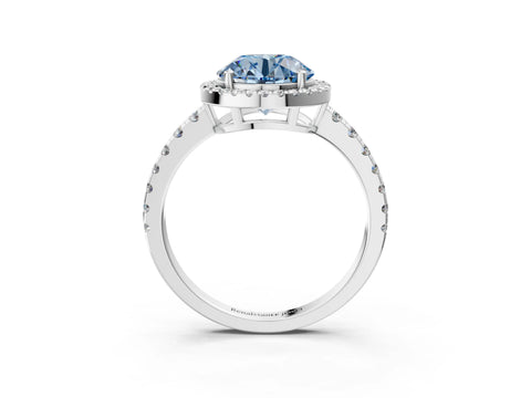 White gold Fancy Blue Round Cut Diamond Halo Ring with Pavé Band and Four-Prong Setting_15