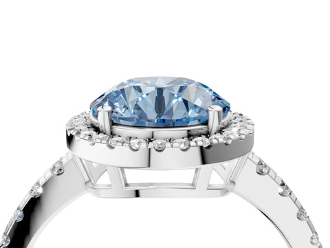 White gold Fancy Blue Round Cut Diamond Halo Ring with Pavé Band and Four-Prong Setting_16