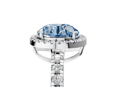 White gold Fancy Blue Round Cut Diamond Halo Ring with Pavé Band and Four-Prong Setting_17