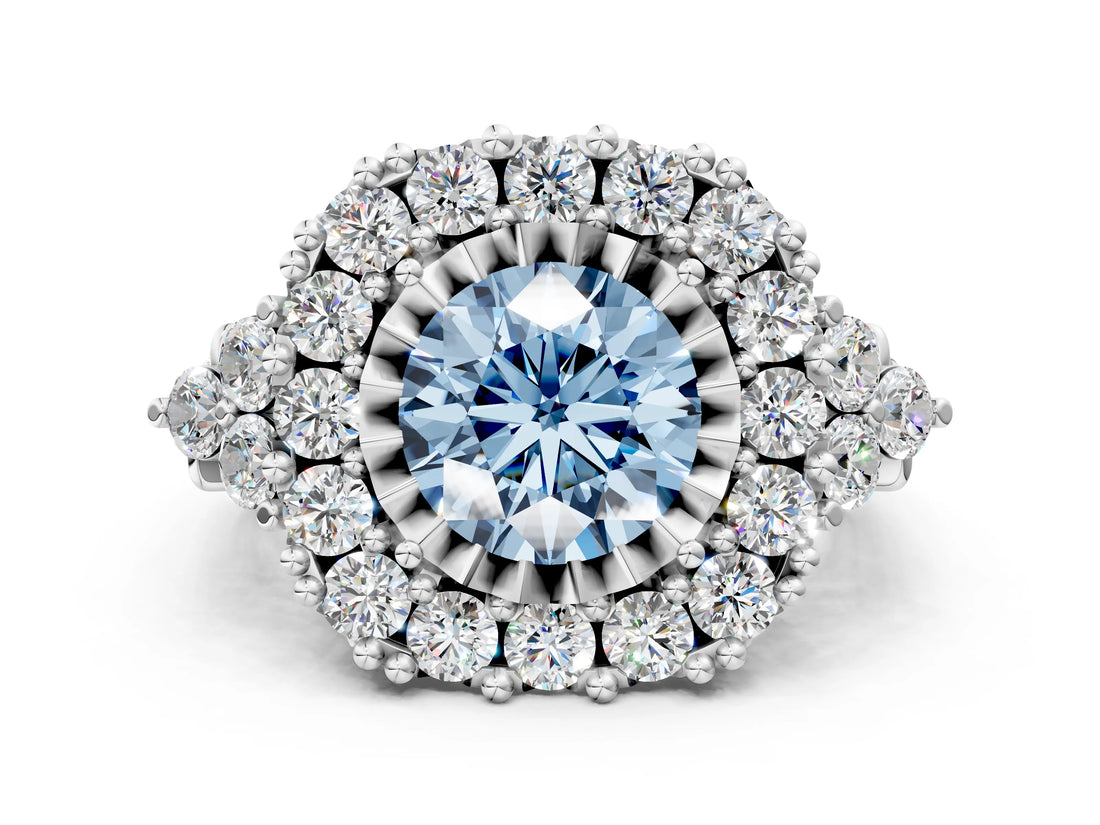 White gold Fancy Blue Round Cut Diamond Halo Ring with Pavé Band and Four-Prong Setting_65