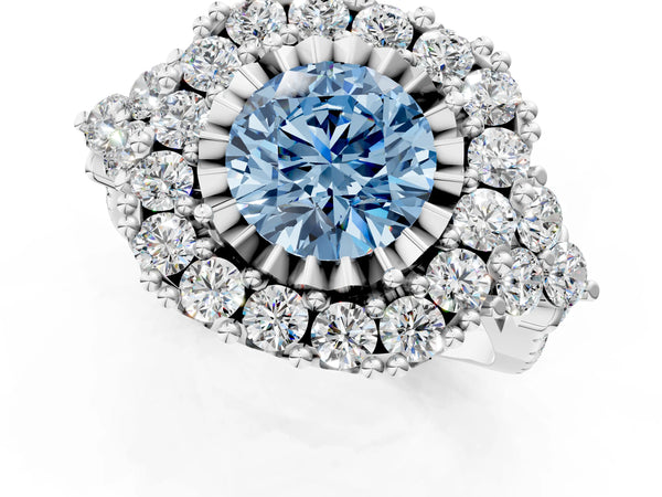 White gold Fancy Blue Round Cut Diamond Halo Ring with Pavé Band and Four-Prong Setting