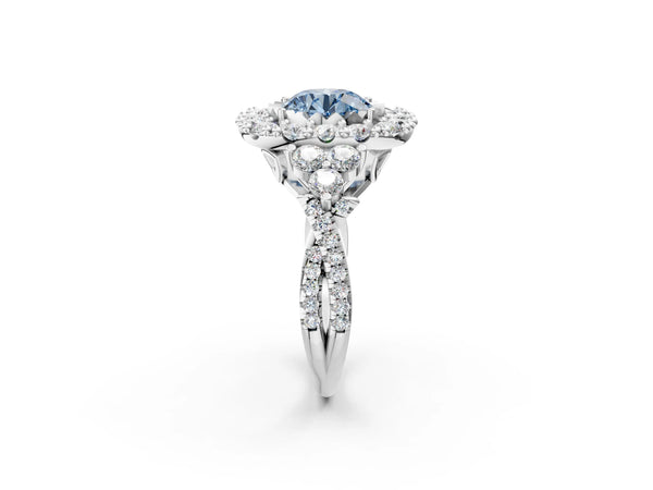 White gold Fancy Blue Round Cut Diamond Halo Ring with Pavé Band and Four-Prong Setting