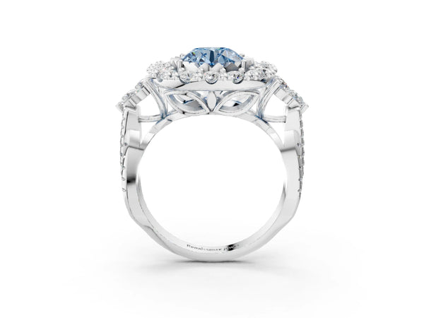 White gold Fancy Blue Round Cut Diamond Halo Ring with Pavé Band and Four-Prong Setting