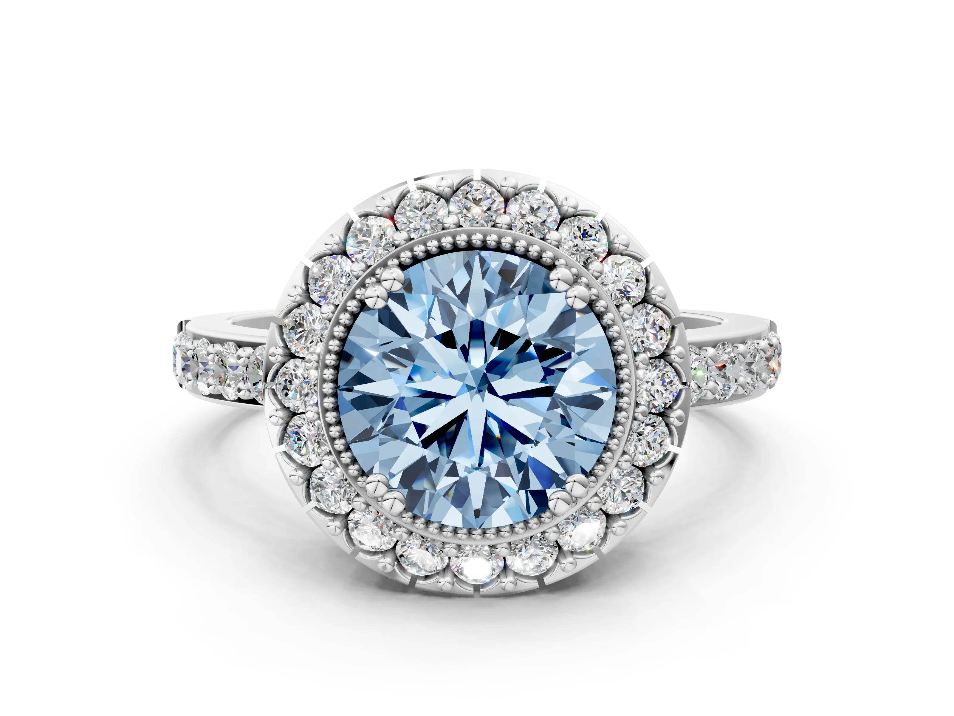 White gold Fancy Blue Round Cut Diamond Halo Ring with Pavé Band and Prong Setting