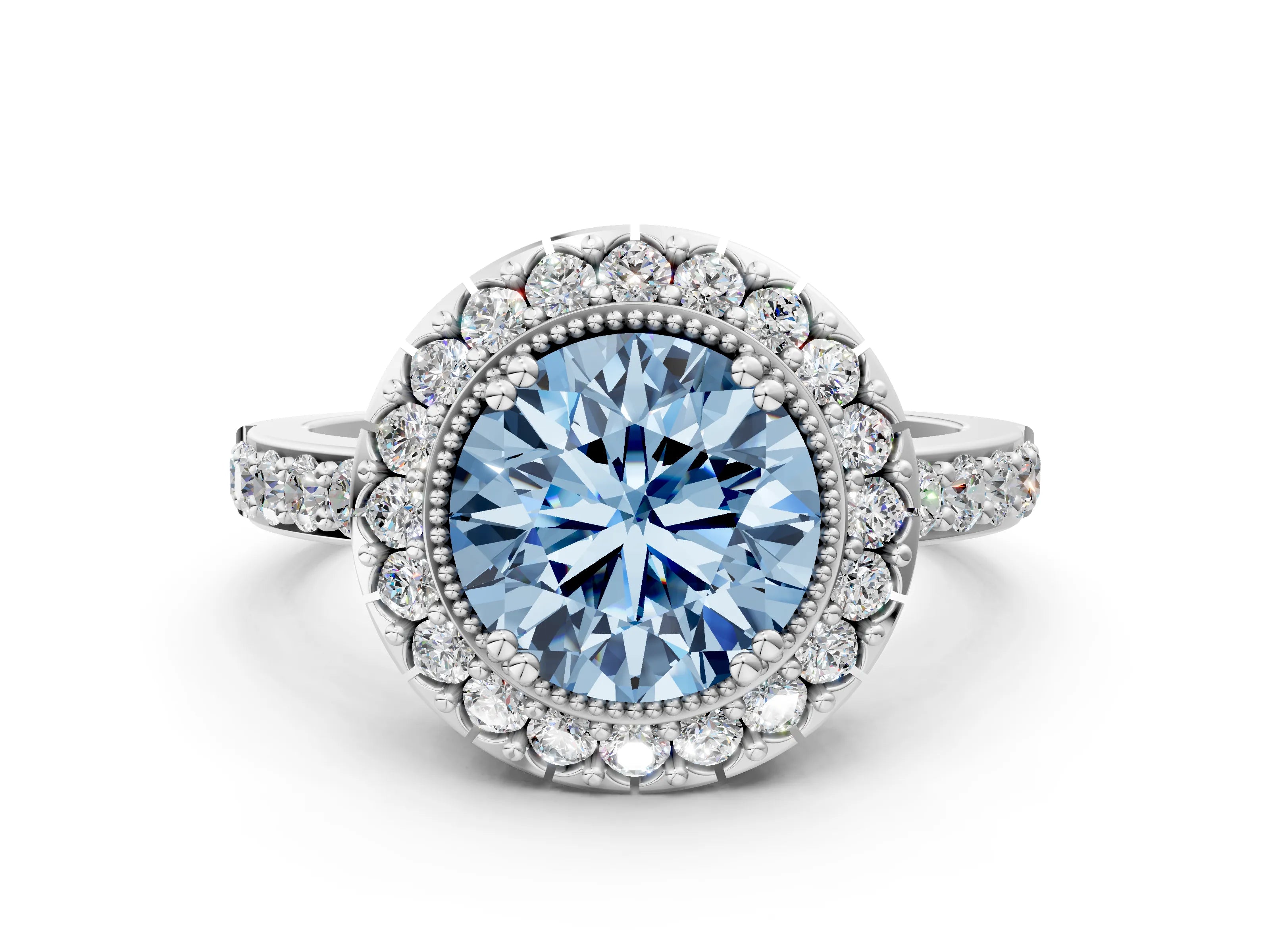 White gold Fancy Blue Round Cut Diamond Halo Ring with Pavé Band and Prong Setting_12