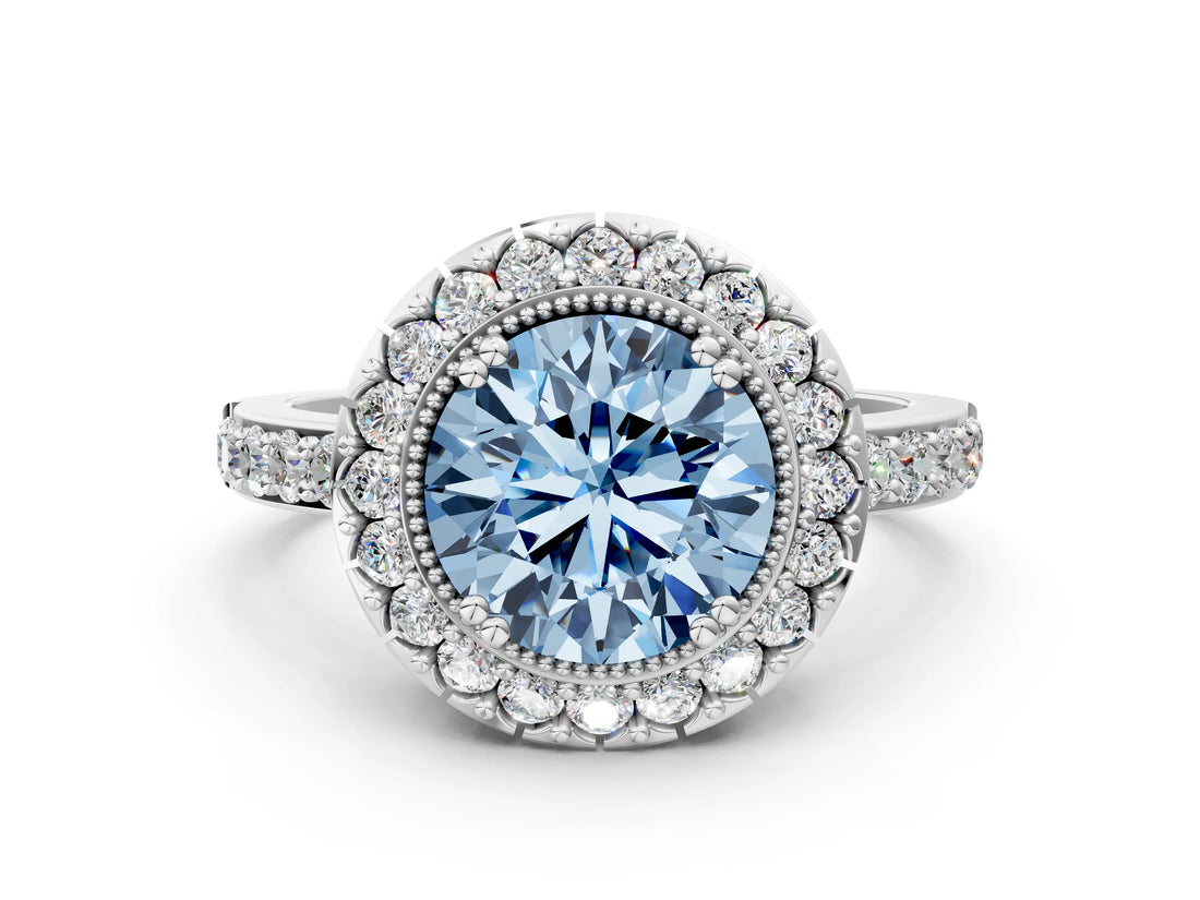 White gold Fancy Blue Round Cut Diamond Halo Ring with Pavé Band and Prong Setting_12