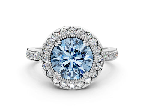 White gold Fancy Blue Round Cut Diamond Halo Ring with Pavé Band and Prong Setting_12