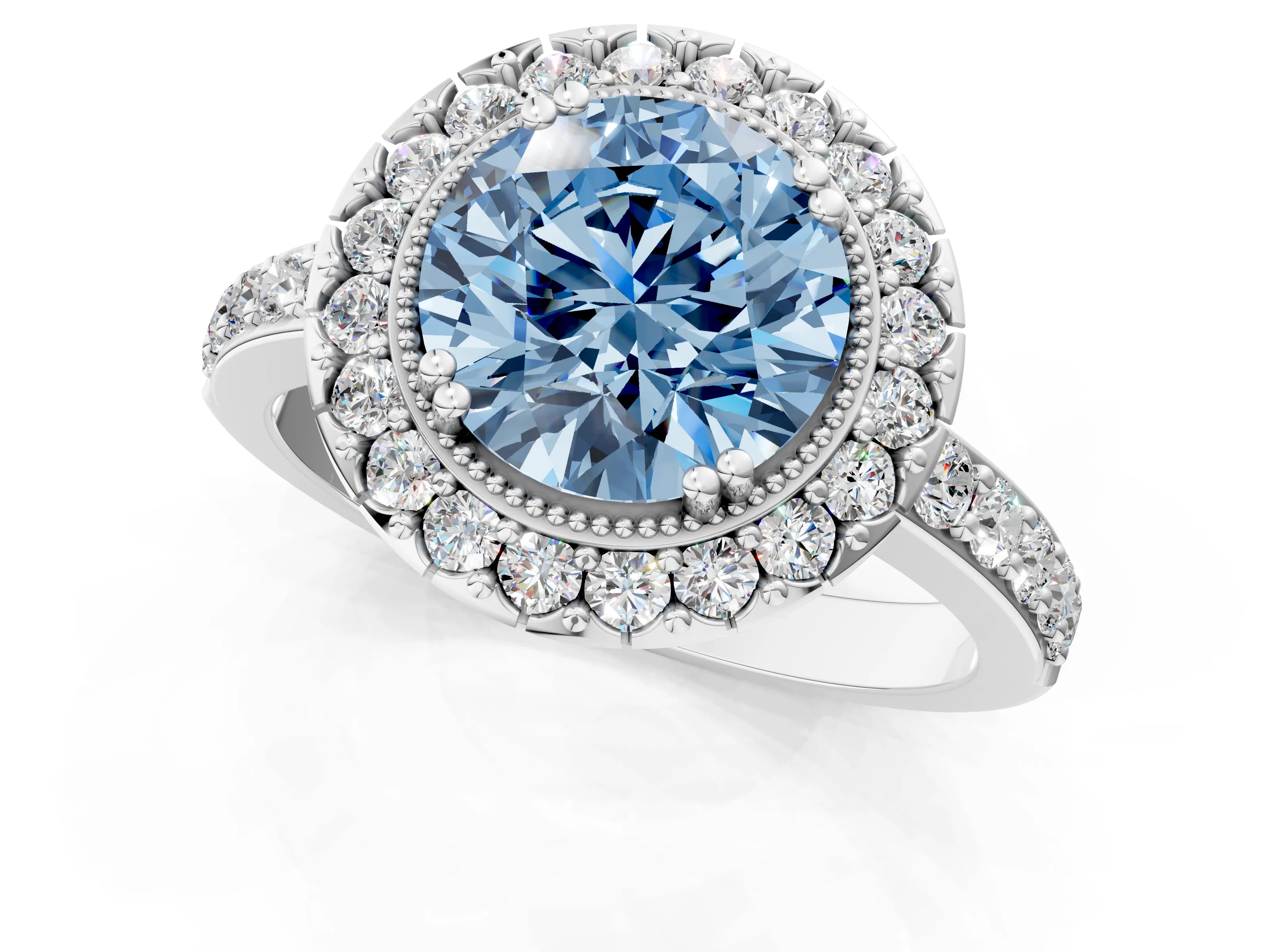White gold Fancy Blue Round Cut Diamond Halo Ring with Pavé Band and Prong Setting_13