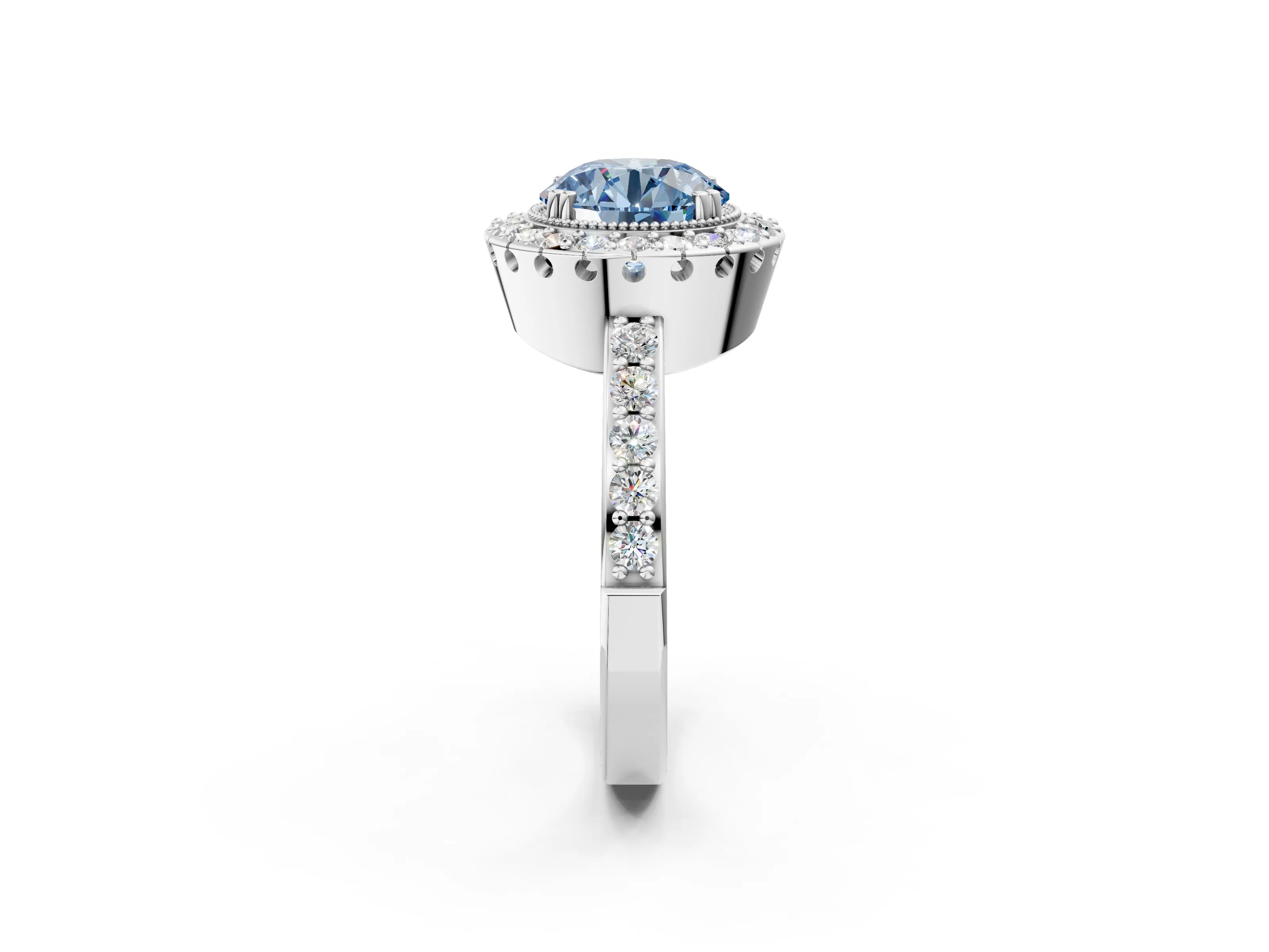 White gold Fancy Blue Round Cut Diamond Halo Ring with Pavé Band and Prong Setting_14