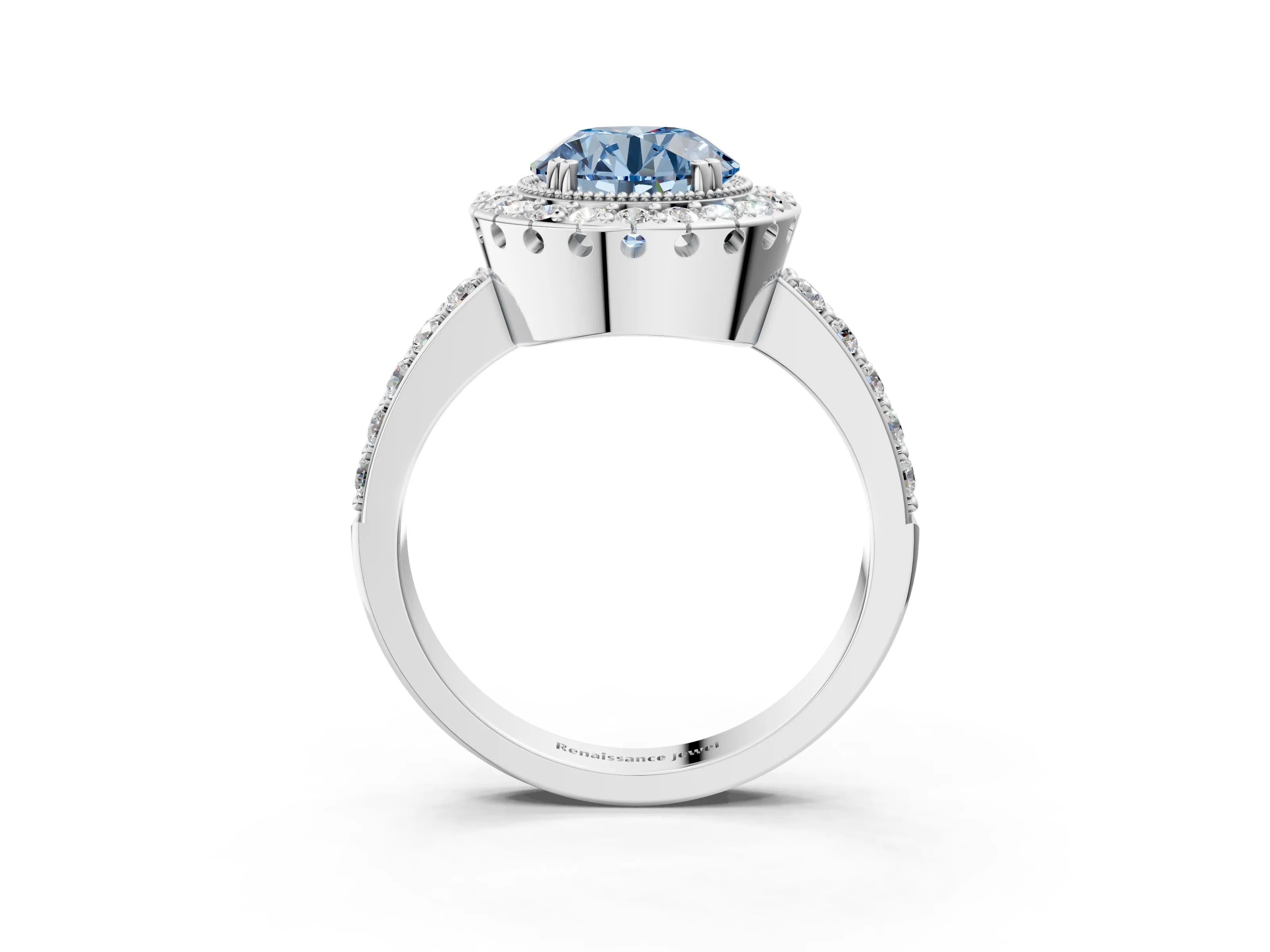 White gold Fancy Blue Round Cut Diamond Halo Ring with Pavé Band and Prong Setting_15