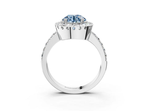 White gold Fancy Blue Round Cut Diamond Halo Ring with Pavé Band and Prong Setting_15