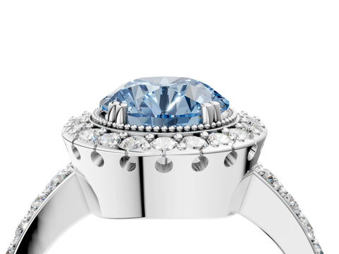 White gold Fancy Blue Round Cut Diamond Halo Ring with Pavé Band and Prong Setting_16