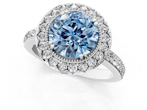 White gold Fancy Blue Round Cut Diamond Halo Ring with Pavé Band and Prong Setting_1
